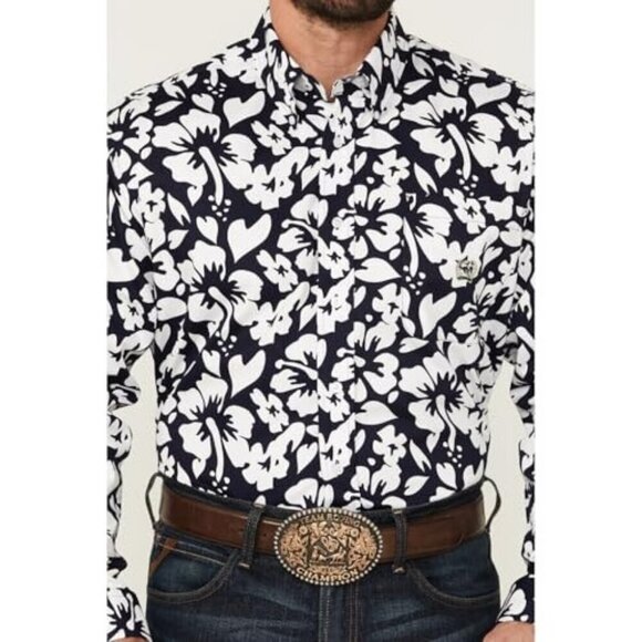 Cinch Men's Long Sleeve Vintage On Island Time Hawaiian Print Button Shirt Navy/ - Picture 1 of 3